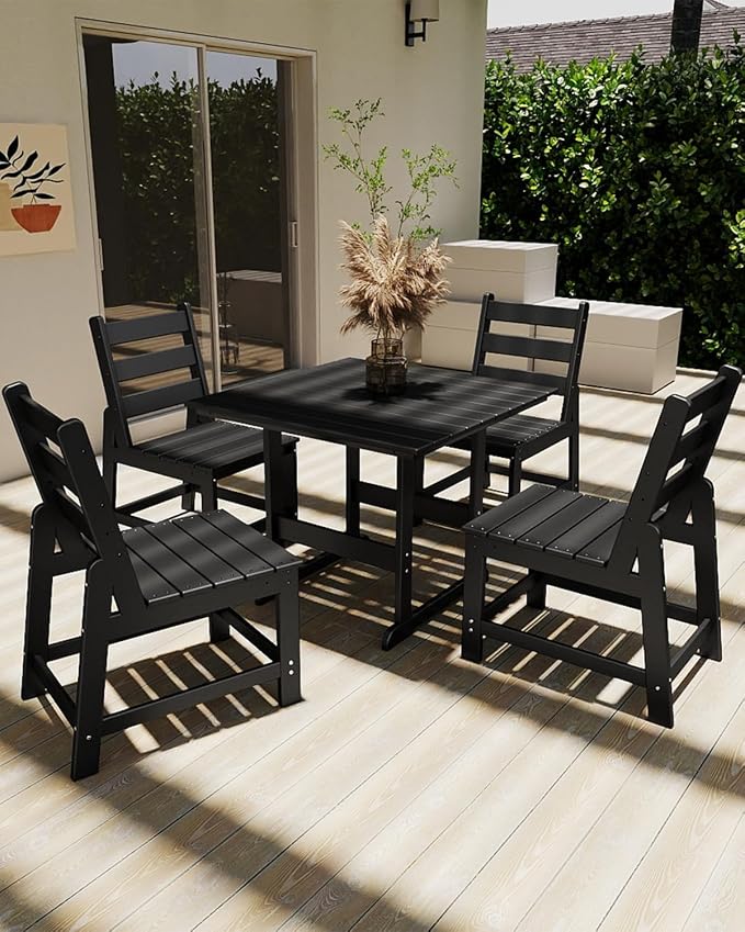 GREENVINES Outdoor-Dining-Table | 35” | HDPE | Patio Furniture | Connectable Square Tables for 4 | Slatted | All-Weather | for Poolside Backyard Garden | Black