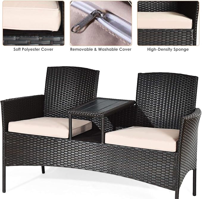 COSTWAY 2-Seat Patio Conversation Sets, Outdoor Patio Loveseat Set with Removable Cushions & Built-in Coffee Table for Backyard, Garden, Lawn, Balcony, Brown+Beige