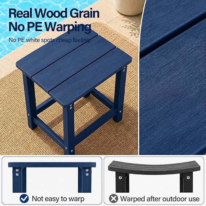 MXIMU Outdoor Side Table Set of 2: Heavy-Duty Sturdy Warp Resistant Adirondack Table - Wood Grain Finish Outdoor End Tables - Easy Assembly & Low Maintenance Patio Side Table Navy