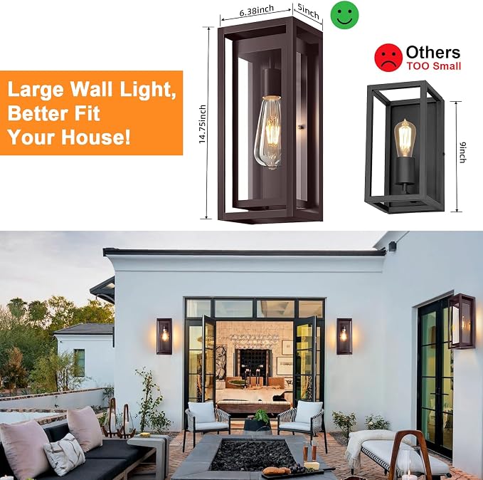 15" Large Oil Rubbed Bronze Outdoor Light Fixture, 2 Pack ORB Outdoor Sconces, Modern Waterproof Wall Lights with Clear Glass Shade for Front Door, Porch, Garage