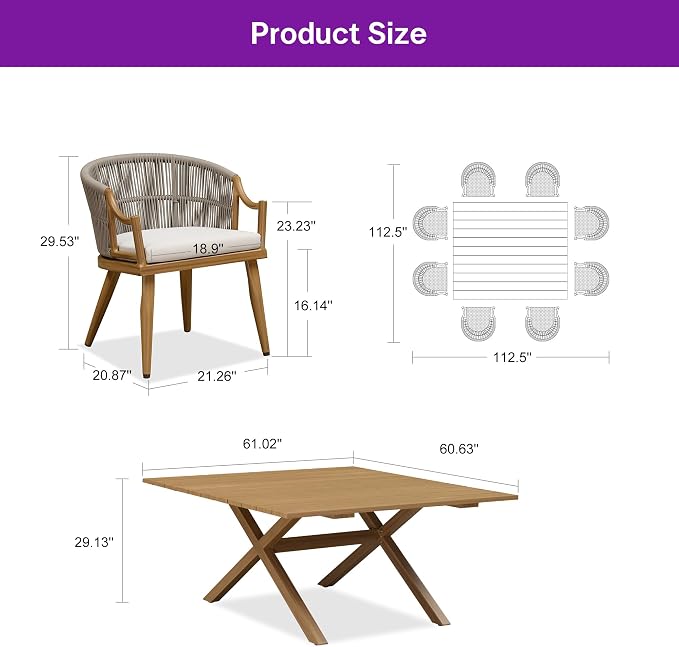 PURPLE LEAF 9 Pieces Outdoor Dining Set All Weather Wicker Patio Dining Set with Square Aluminum Table and Modern Armrest Dining Chairs for Garden Deck Backyard Kitchen, Teak