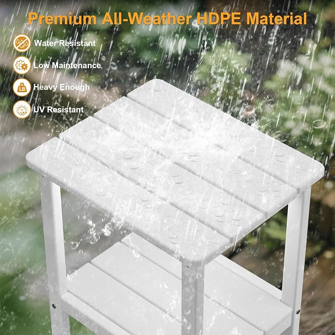 Outdoor Side Table, Small Square Patio Side Table with Adjustable Feet, All-Weather HDPE Adirondack End Tables for Porch Deck Balcony Pool, 2-Tier Storage, Easy Maintenance, White