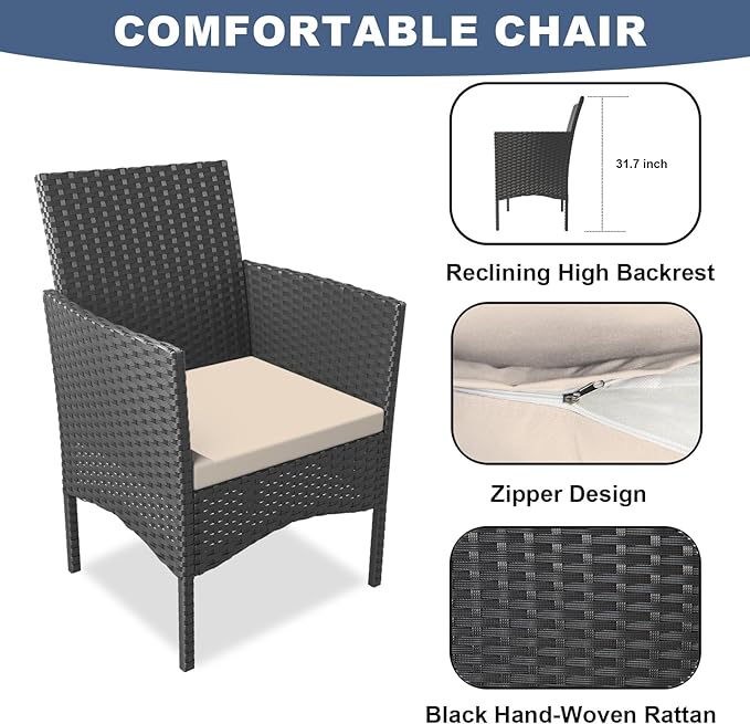 ALAULM Outdoor Patio Furniture Set, 4 Pieces Patio Conversation Set Wicker Chairs with Glass Table and Soft Cushion for Porch,Backyard, Poolside (Sand)