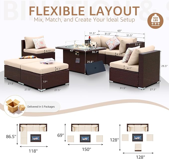 NICESOUL 7 Piece Outdoor Patio Sectional Furniture Set with Fire Pit Natural Gas/Propane, Large Size Comfortable Conversation Sets, 29.3'' High Back Deep Seat Sofa, Brown Rattan and Beige Cushion