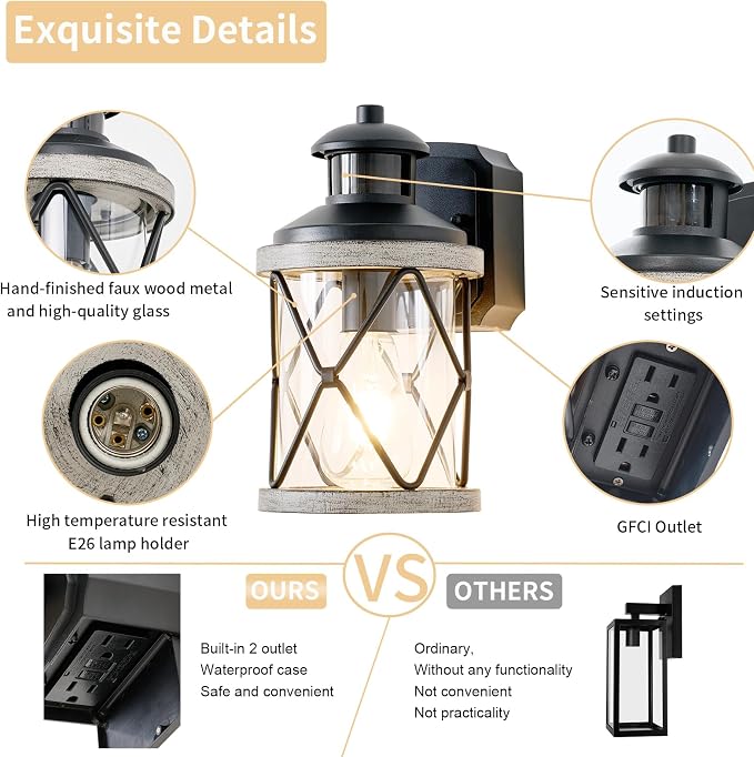 Dusk to Dawn Motion Sensor Outdoor Porch Light with GFCI Outlet,3 Lighting Modes Anti-Rust Waterproof Industrial Outdoor Lantern,Exterior Work lights Rustic Wood-Like Finish Wall Light (White, 2 Pack)