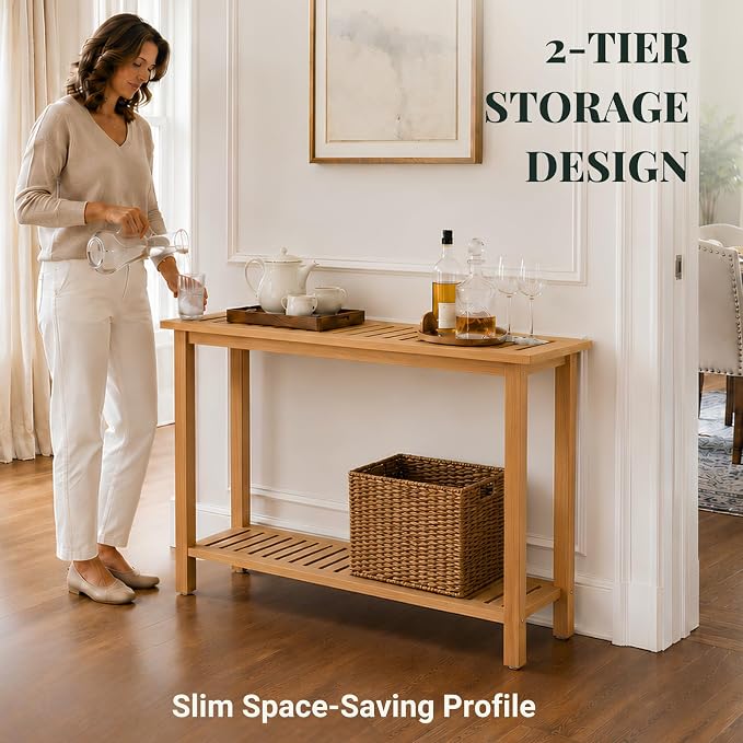 Premium 2-Tier Wooden Console Table with Storage Shelf Solid Eucalyptus Wood 48.03"x 16.14"x 31.1" Entryway Sofa Table for Hallway, Living Room (Golden)