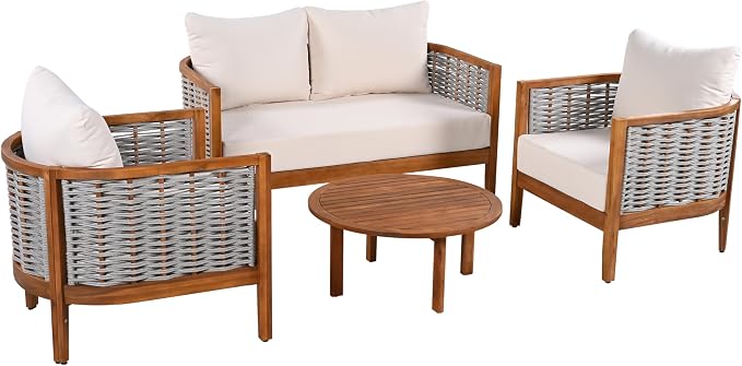 Merax 4 Pieces Acacia Wood Patio Furniture Set, Outdoor Woven Rope Conversation Sets with 1 Loveseat, 2 Chairs and Round Table for Backyard, Porch, Garden, Deep Seating & Soft Cushions, Teak+Beige