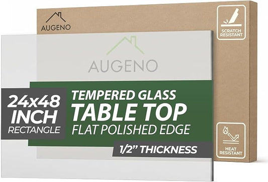 24x48 inch Rectangle 1/2" Thick Flat Polished Edge Glass Table Top with 6 Bumpers - 24 x 48 Rectangular Tempered & Scratch Resistant Replacement Glass Designed for Dining, Coffee & Patio Tables