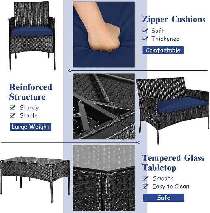 Tangkula 4 Piece Patio Furniture Set, Outdoor Wicker Conversation Set with Tempered Glass Coffee Table, Rattan Loveseat & Chairs Set with Seat Cushions for Backyard, Garden, Poolside (1, Navy)