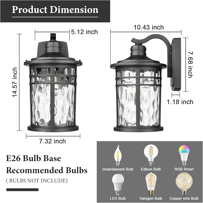 Darkaway 2pcs Large Outdoor Porch Lights Wall Mount, 15inch Outside Light Fixtures Sconces Wall Lighting with Water Ripple Glass Waterproof Exterior Lights for Patio Yard Garage
