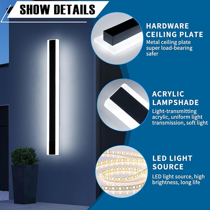 39.3inch Modern Outdoor Wall Light, Black Outside LED Long Wall Sconce, 6000K Cold White, 36W, IP65 Waterproof, Wall Mount Linear Exterior Lighting Fixture for House, Garage, Porch, Garden