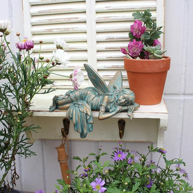Vintage Bronze Sleeping Fairy Statue Outdoor Garden Decor, 6.1" Resin Angel Figurine Home Shelf Sitter Yard Art Sculpture for Patio Lawn Porch Ornaments
