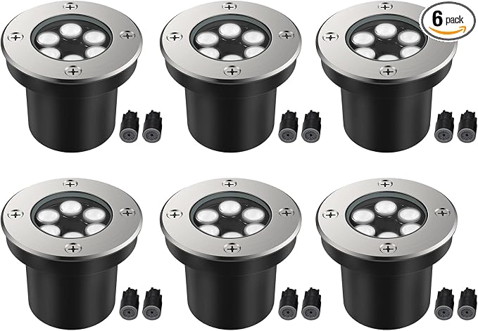 JESLED Outdoor Landscape Lights, Low Voltage In Ground Well Lights, 6 Pack | 6000K Warm White, 6W LED, 12V/24V, IP67 Waterproof, 5-Ton Pressure Resistant & 90° Beam for Driveway Decks Step Garden