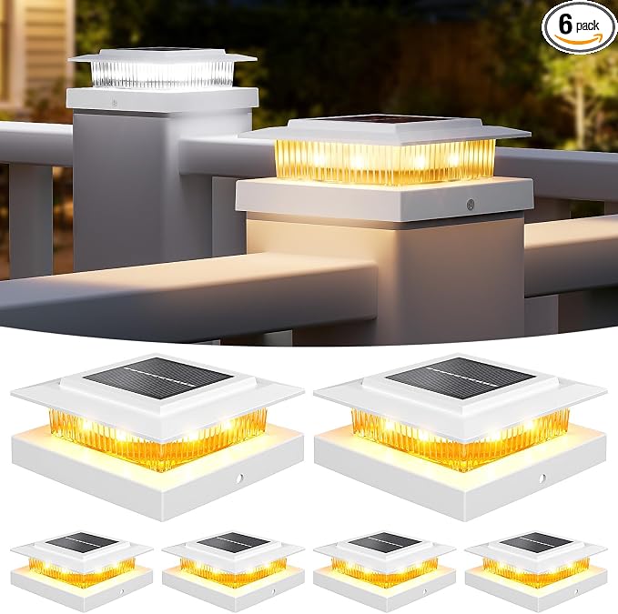4x4 Post Solar Lights with 2 Modes, Solar Post Lights, 6 Pack White | Solar Post Cap Lights for 4x4 Post Caps Wood Vinyl,5x5 Vinyl Post,IP44 Waterproof Fence Post Solar Lights Outdoor for Deck