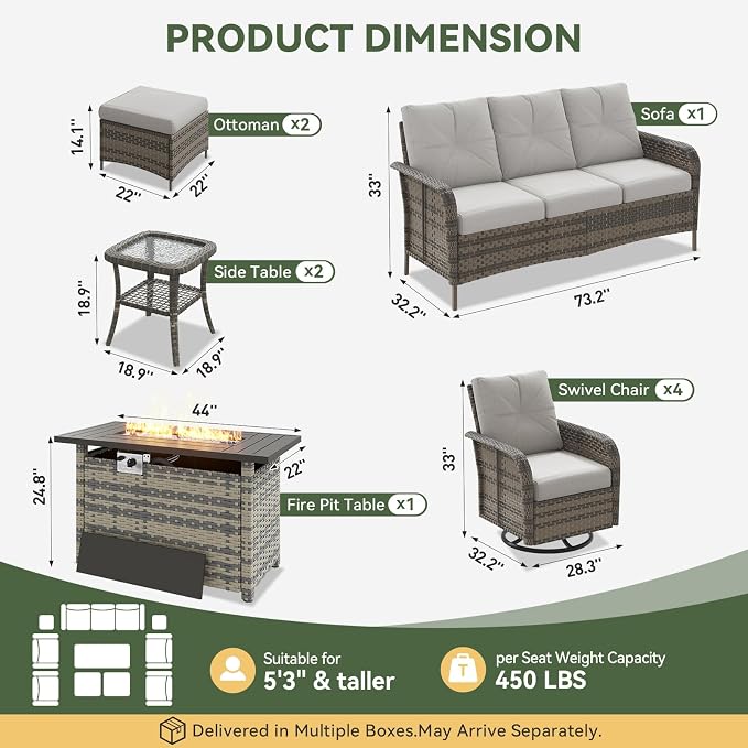 Aoxun 10-Piece Patio Furniture Set with 44” Fire Pit Table, Wicker Rattan Outdoor Sectional Sofa with High Back Swivel Rocker Chairs, Outdoor Patio Furniture Set with Thick Cushions & Ottoman, Grey