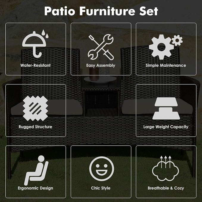 COSTWAY 2-Seat Patio Conversation Sets, Outdoor Patio Loveseat Set with Removable Cushions & Built-in Coffee Table for Backyard, Garden, Lawn, Balcony, Brown+Beige