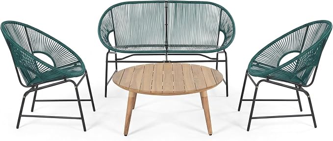 Christopher Knight Home Dessa 4 Piece Patio Furniture Set with Acacia Wood Coffee Table, 4 Seater PE Rattan Outdoor Conversation Set, Metal Outdoor Sectional Sofa Set, Beige+White, Teal