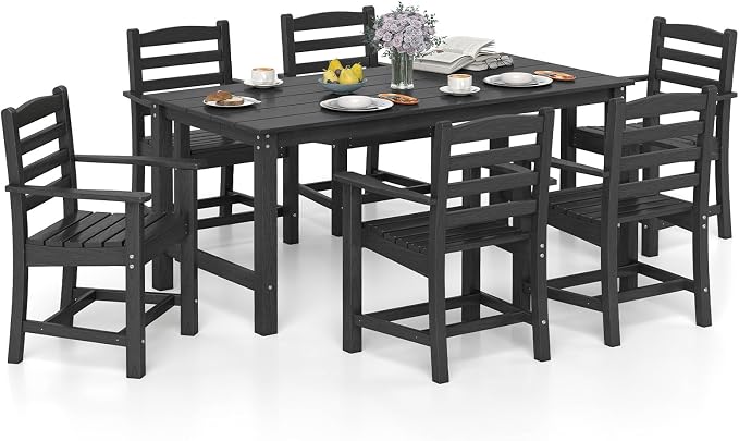 Tangkula 7 Pcs Outdoor Dining Table Set for 6, 67” HDPE Weather-Resistant Patio Rectangle Table & 6 Armchairs w/Curved Seat, Umbrella Hole, Wood Grain, Plastic Dining Furniture (Black, 7 Pcs)