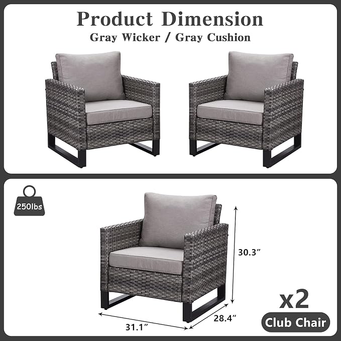 Belord Oversize Patio Chairs Set of 2 Outdoor Wicker Dining Chairs, All-Weather Rattan Patio Club Chair Furniture Sets with Water-Resistant Cushion Anti-Rust Frame Gray