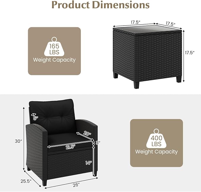 RELAX4LIFE 3-Piece Patio Furniture Set - Wicker Rattan Bistro Sofa Set with Glass Top Coffee Table, Washable Cushions for Porch, Balcony, Backyard, Poolside, Outdoor Conversation Set (Black)