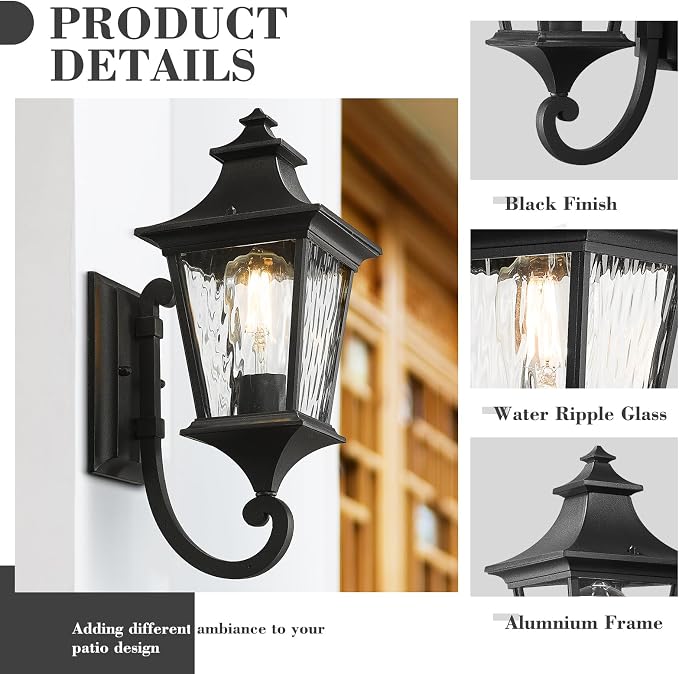 Emliviar 2 Pack Modern Outdoor Wall Sconces, 15" Exterior Lighting Fixtures with Water Ripple Glass for Porch, Black Finish, XE292UB-2PK-SW BK