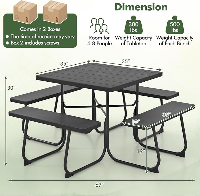 HAPPYGRILL 4-8 Person Square Picnic Table Bench Set with Umbrella Hole, Outdoor Camping Table with HDPE Material and Sturdy Metal Frame for Patio, Garden and Backyard, Black