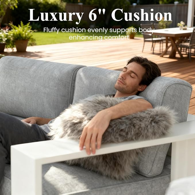 LayinSun Oversized Aluminum Outdoor Furniture Set, 4 Piece Patio Sofa Sets with Fire Pit Table, Deep Seating and Upgraded 6-inch Cushions for Porch, Balcony, Deck