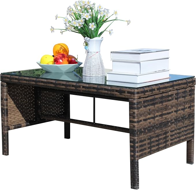 30.75" Outdoor Patio Side Table – Low Rectangle Coffee Table with Tempered Glass Top, Outdoor Wicker End Table for Backyard Deck Patio, 180 lbs Capacity, Brown