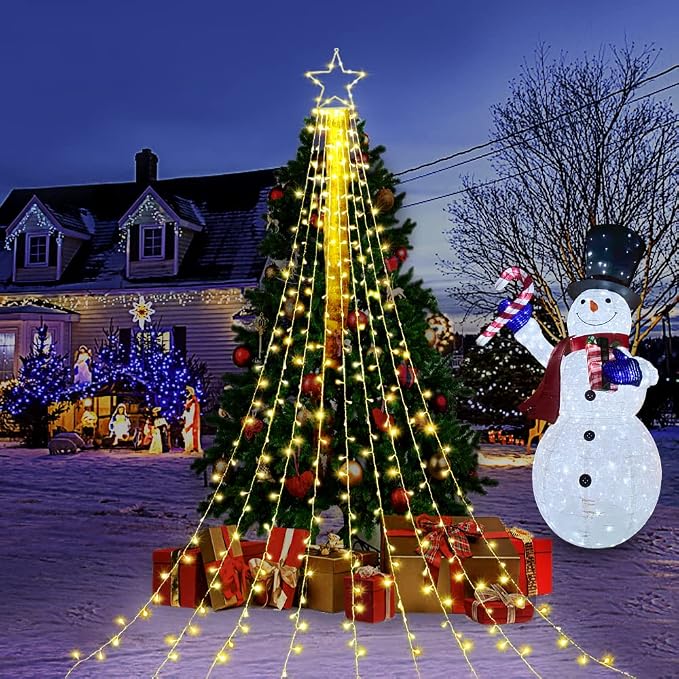 Christmas Decorations, Outdoor Christmas Lights, 320 LED Outdoor Christmas Tree String Lights with 12" Star Toppers [8 Modes& Waterproof] for Xmas New Year Holiday Decor (Iron Warm)
