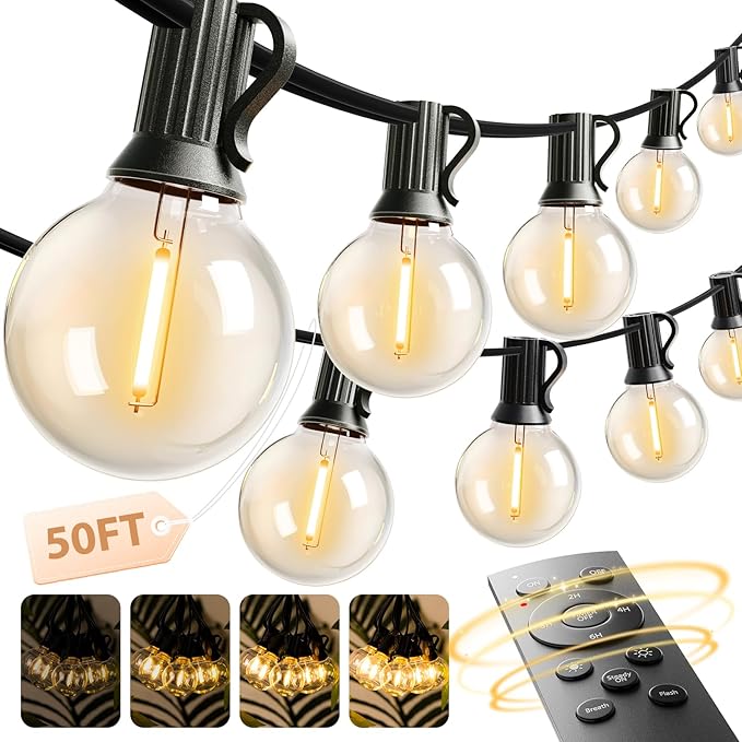 addlon Outdoor String Lights 50FT G40 with Remote 27 LED Shatterproof Bulbs | Dimmable Patio Globe Lights Waterproof, Hanging Outside Lighting for Backyard, Garden, Deck, Balcony, Porch, Café, Decor