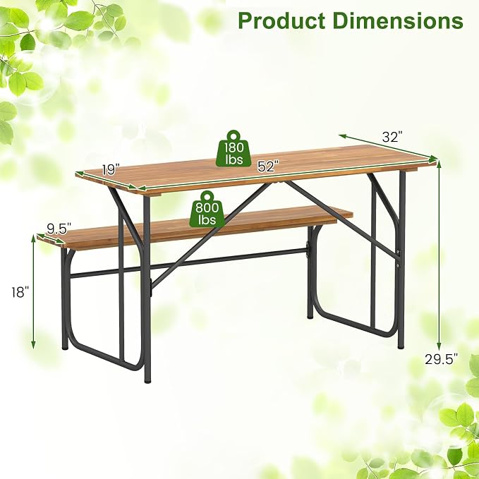 HAPPYGRILL Picnic Table Bench Set for 4, Acacia Wood Dining Table and Bench Set with Heavy Duty Metal Frame, for Patio, Porch, Garden and Backyard