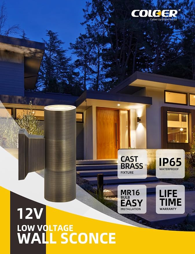 COLOER Brass Outdoor Cylinder Wall Lights(Bronze 6.875" H x 4.25" W) with 5W LED MR16, 12V Low Voltage Porch Light in 2 Lights, 2700K Up Down Lights, Outside Light for House Porch Patio Door