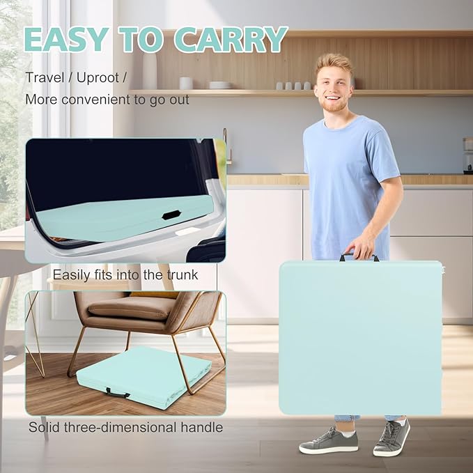 Portable 4Ft Folding Table, Heavy Duty Plastic Fold-in-Half Utility Foldable Table, Adjustable Height Plastic Folding Table with Carrying Handle for Camping &Party Indoor/Outdoor (Light Blue)