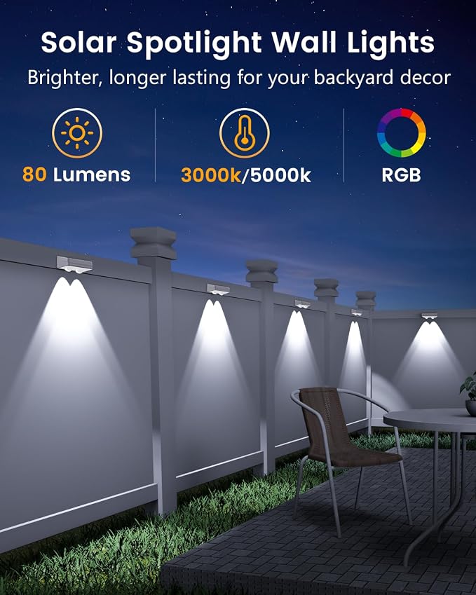 JOFIOS Solar Fence Lights Outdoor Waterproof, 80 Lumens Solar Lights for Fence with Warm White & RGB 8 Colors,Outdoor Solar Light for Deck, Patio, Backyard, Fence, Railing (12-Pack-White)
