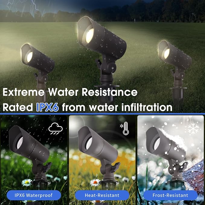 E ENERGETIC LIGHTING LED Landscape Lights with Connectors, 12V Low Voltage, Warm White 3000k, 4W, 175LM, Outdoor Waterproof Garden Pathway Lights Wall Tree Flag Spotlights with Spike Stand, 6 Pack