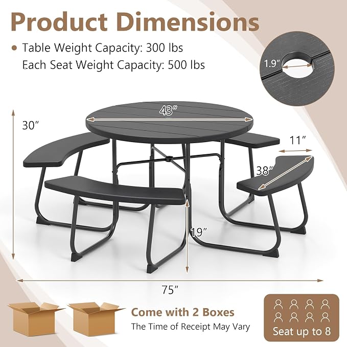 HAPPYGRILL 8-Person Picnic Table Bench Set with Umbrella Hole, 43” Outdoor Dining Table w/4 Benches, Wood-Like Texture Tabletop, Stable U-Shaped Base, Round Table for Backyards, Black