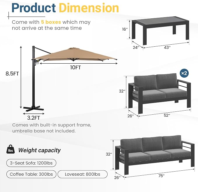 Wisteria Lane 5 Pieces Aluminum Patio Furniture Set with Umbrella, All Weather Oversized Outdoor Furniture Set with Deep Seat and Back Cushion, Patio Conversation Sets with Wide armrest, Gray & Kahki