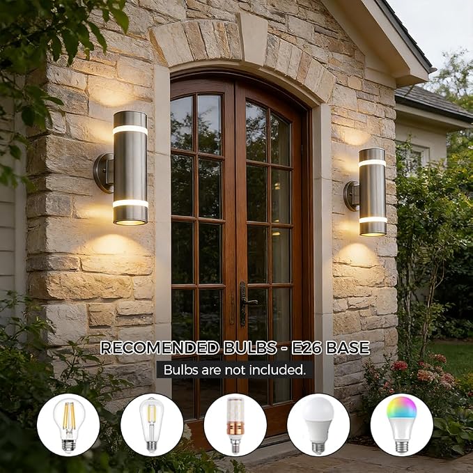 13" Stainless Steel Modern Outdoor Wall Sconce Cylinder Porch Light | E26 Base,UL listed,Brushed Nickel Up and Down Lights Outdoor Exterior Lighting Fixture for House Garage Patio Porch Garden