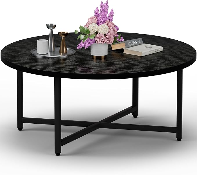 FAMIDGE Coffee Table, 31.5" Round Black Coffee Table for Living Room, Center Tables for Family & Office Use, Circle Coffee Tables Round, Large Black (31.5" D x 17.7" H)