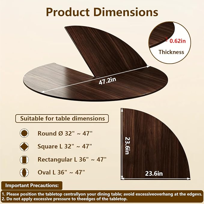Round Folding Table Top Extender, 4 Fold Portable Wood Tabletop No Legs, Multiple Size Optional Replace Desktop, Space Saving Dining Extender for Indoor Outdoor Patio Banquet (Walnut, 47.2in)