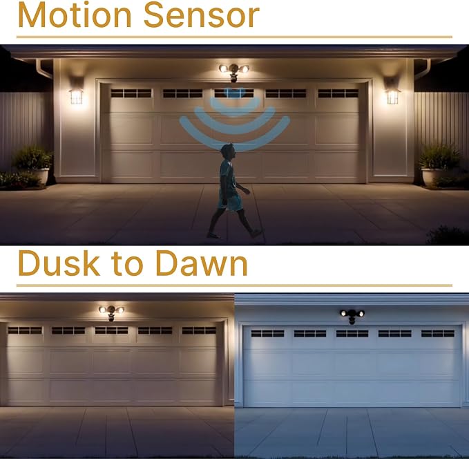 LED Black Motion Sensor 2-Light Bullet Flood Light- 3000K Adjustable Dual Head Outdoor Security Light, Dusk to Dawn, Waterproof, Hardwired Spotlight for Yard, Patio, Garage, Landscape