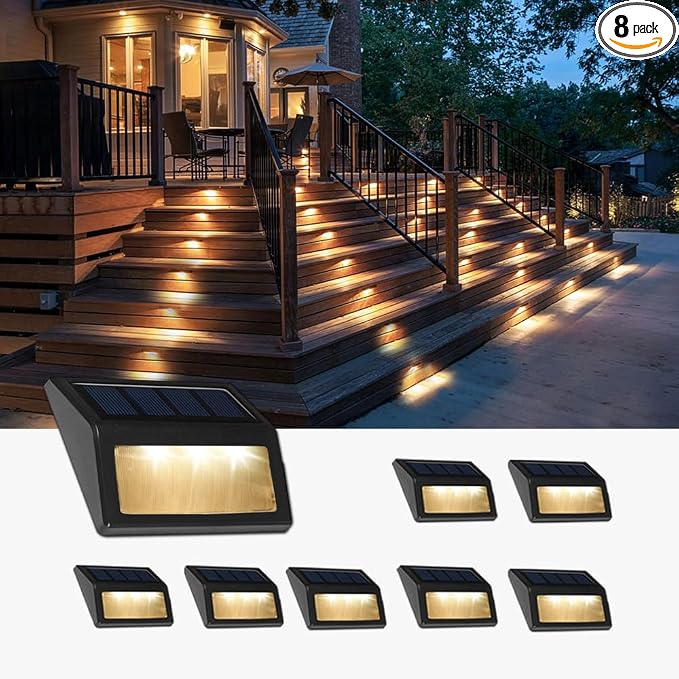 Solar Lights Outdoor, Waterproof Solar Powered Deck Step Lights for Patio Garden Backyard Garage Driveway Pathway Outside Wall Lighting (Warm White, 8 Pack)