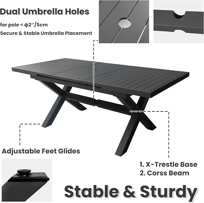 Extendable Patio Dining Table for 6-8: 63''-83'' Rectangle Aluminum Table, Umbrella Hole, Slatted Tabletop, Metal Sturdy X-Trestle Base for Outdoor Meals Garden Deck Yard Gathering Party - Gray