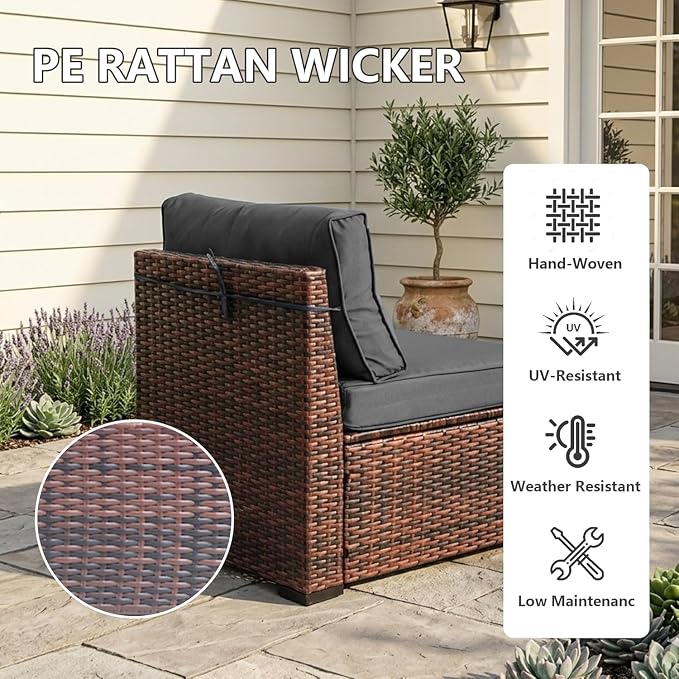 LAUSAINT HOME 7 Pieces Outdoor Patio Furniture, Outdoor Sectional Sofa Patio Furniture Sets Wicker Rattan Patio Conversation Sets with Cushion and Glass Table (Grey)