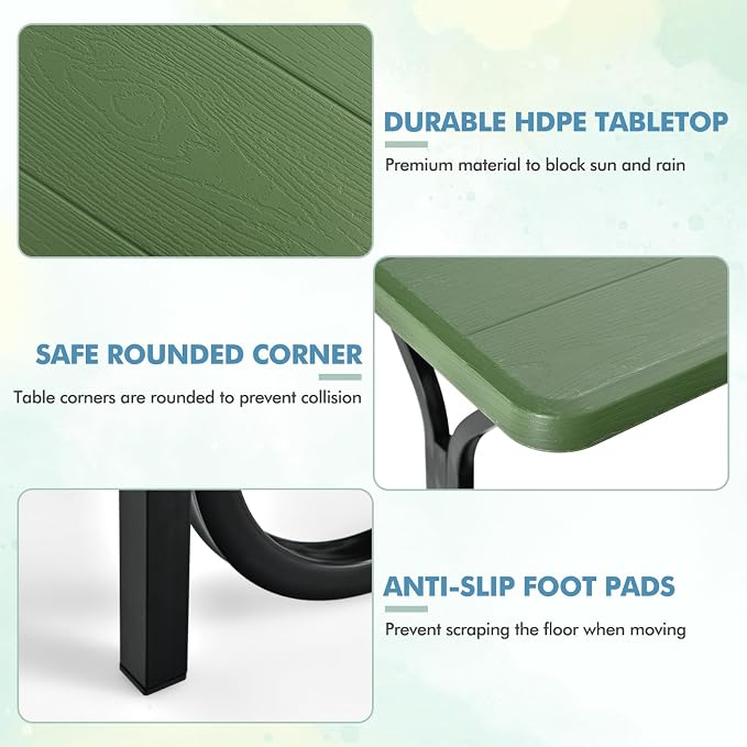 ORALNER Picnic Table, Resin Dining Table & 2 Benches Set, Weather Resistant Wood Grain Plastic Tabletop & Steel Frame, Picnic Tables for Outdoors, Porch Yard Patio Lawn Party Camping (Green)