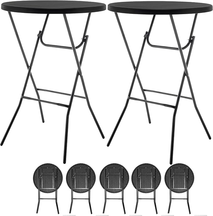 BTEXPERT Set of 5, Black 2.63 Foot Round Plastic Bar Height Folding Table Commercial Portable for Banquet Patio Backyard Dining Wedding Party Events Home Kitchen Indoor Outdoor, Thick Top Metal Frame