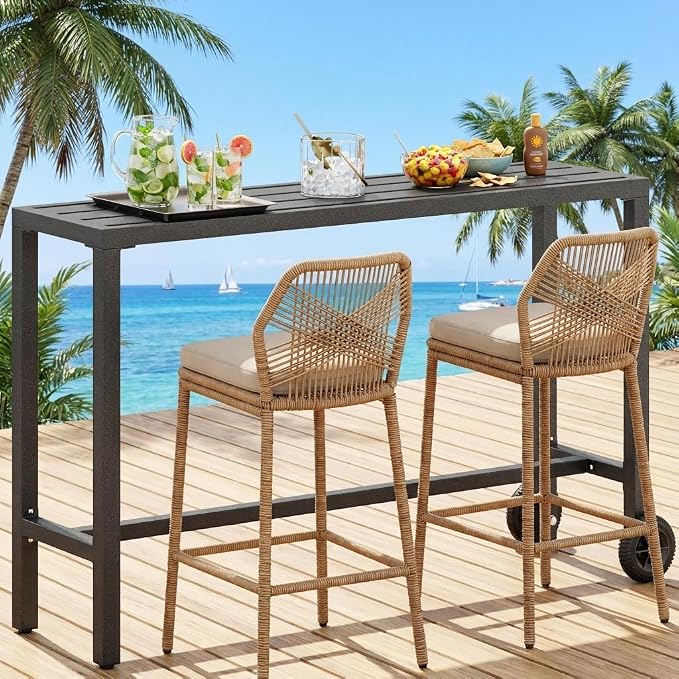 YITAHOME 55" Outdoor Bar Table with Wheels, Narrow Metal Patio Bar Height Table, Modern Rectangle Console Table for Balcony Garden Poolside, Silver Bottom Texture