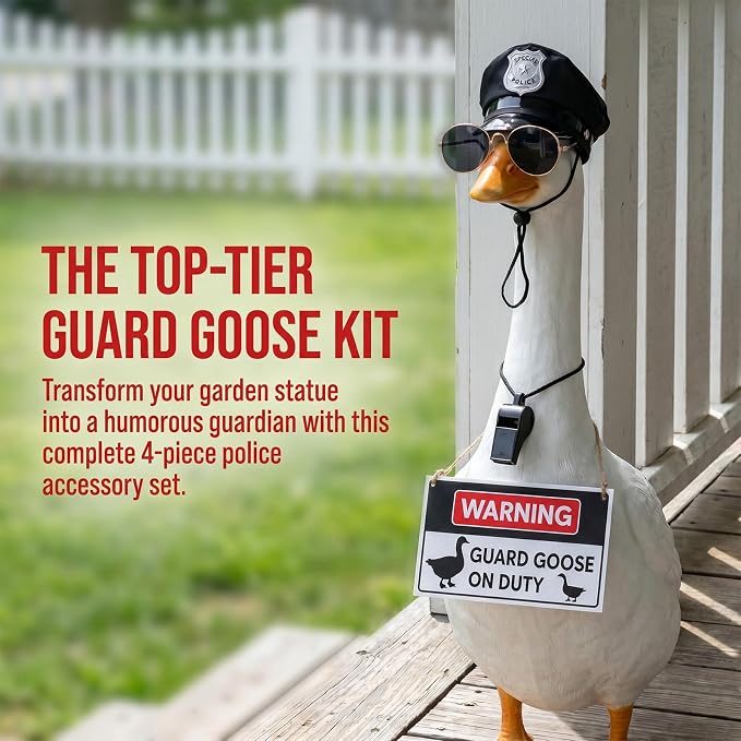 4 Pcs Guard Goose Porch Goose Outfits, Funny Police Costume with Cap, Sunglasses, Whistle and Warning Sign for 17/23 Inch Lawn Goose Statue, Yard Patio Garden Decor Accessories