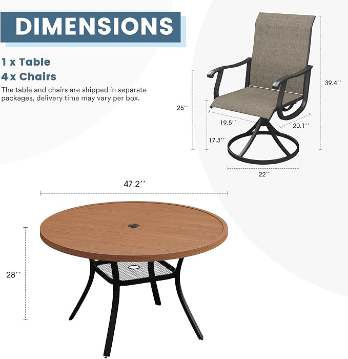 DIFY Outdoor Dining Set for 4, 5 Piece Patio Table and Chairs Set, Swivel Patio Dining Chairs with Brown Textilene & 47.2" Walnut Round Metal Dining Table with Umbrella Hole, for Garden Backyard Deck