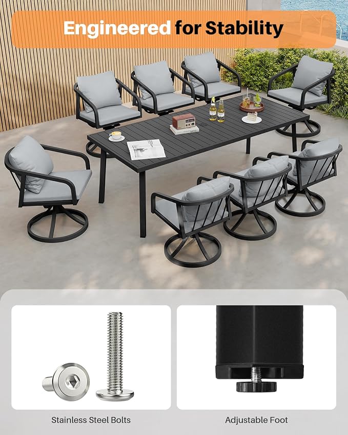 9-Piece Outdoor Dining Set with 8 Swivel Chairs, Never-Rust Aluminum Patio Dining Set, Patio Swivel Dining Set with Wraparound Seating, Outdoor Furniture Set for Backyard, Lawn, Deck, Black
